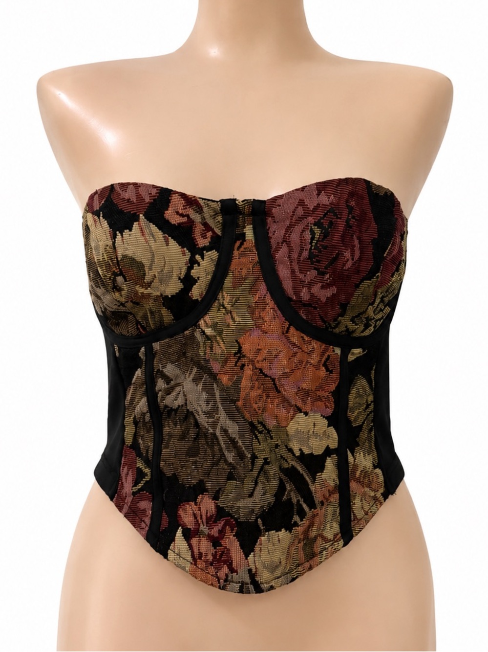 Floral Strapless Bustier Corset - Black with Multicolor Floral